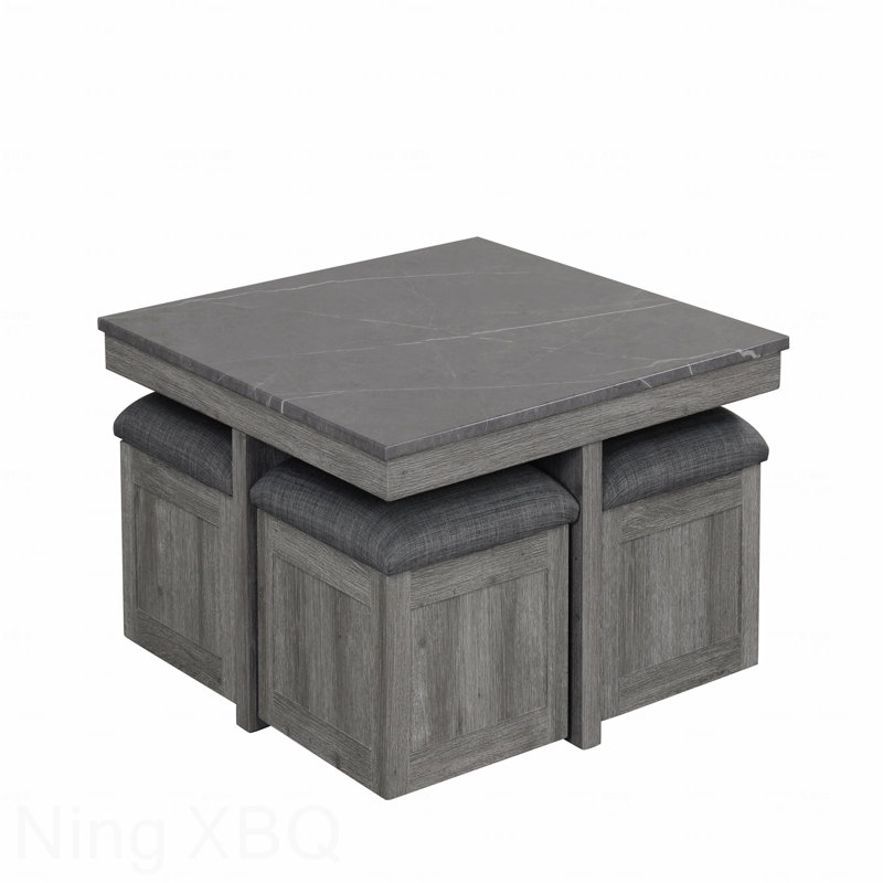 Ensemble de 5 tables basses carrées avec plateau en faux marbre et 4 tabourets de rangement