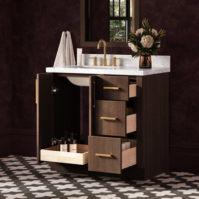 Meuble-lavabo rectangulaire simple décalé à gauche de 94 cm (37 po) avec comptoir en marbre blanc de Carrare de 3,8 cm (1,5 po) d'épaisseur et finition chêne brun