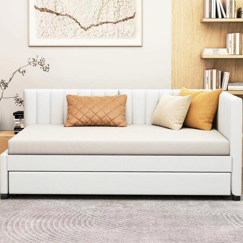 Lit de jour simple rembourré en lin beige avec lit gigogne portatif, sans sommier en lin, tissu