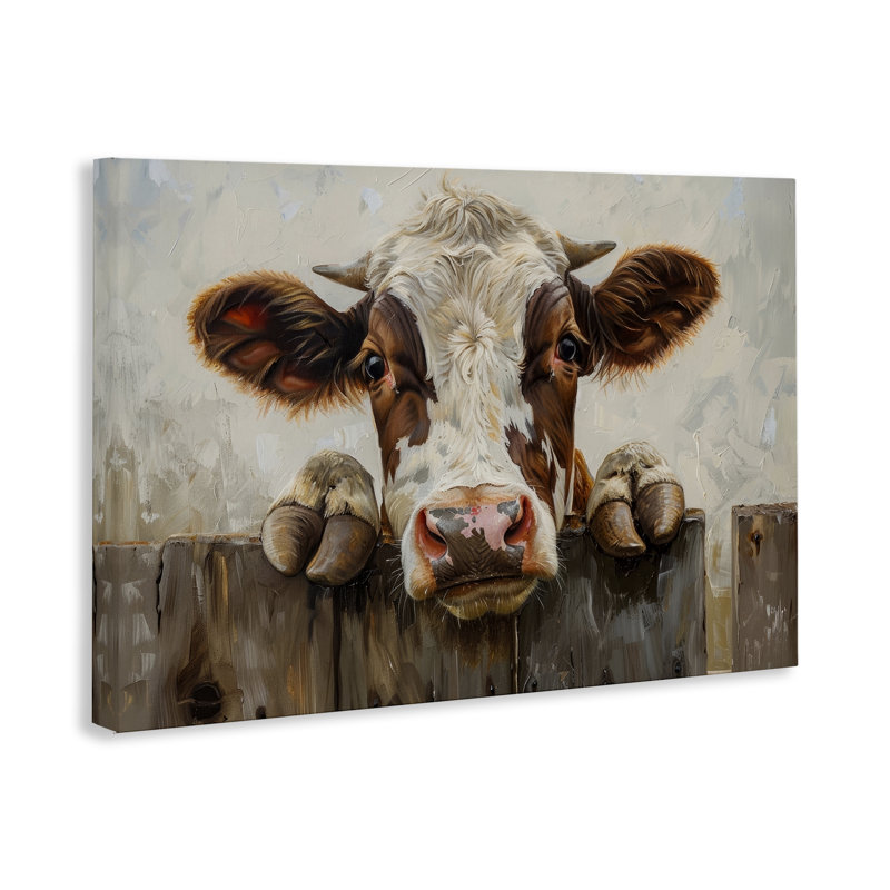 «Cow On Fence», art mural sur toile par Petals Prints Design, H 20 po x l 30 po