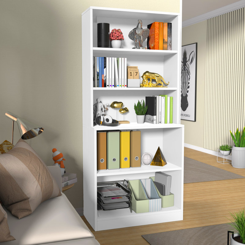 White 71" Tall 5-Tier Wood Bookshelf with Doors