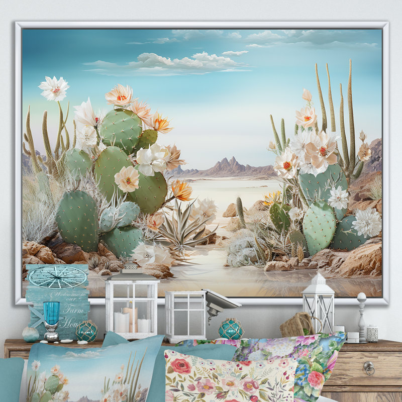 Collage de cactus sur la plage sur toile, H 12 po x l 20 po x P 1 po, Cadre flottant blanc
