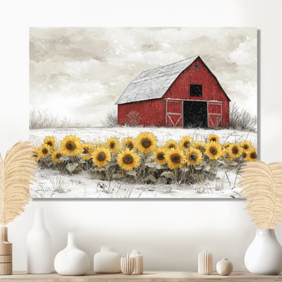Sunflowers And The Winter Barn Soft Greys II - Sunflowers Metal Art