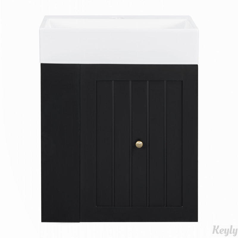 Meuble-lavabo de 20 po avec lavabo en céramique, tiroir et tablette latérale, Noir