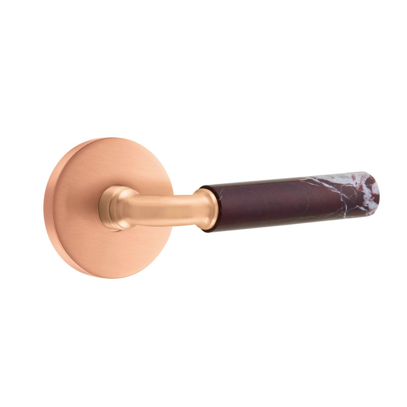 Ensemble de faux levier Emtek Select avec rosette à disque et tige R-Bar, levier en marbre Rosso Levanto, Or rose satiné