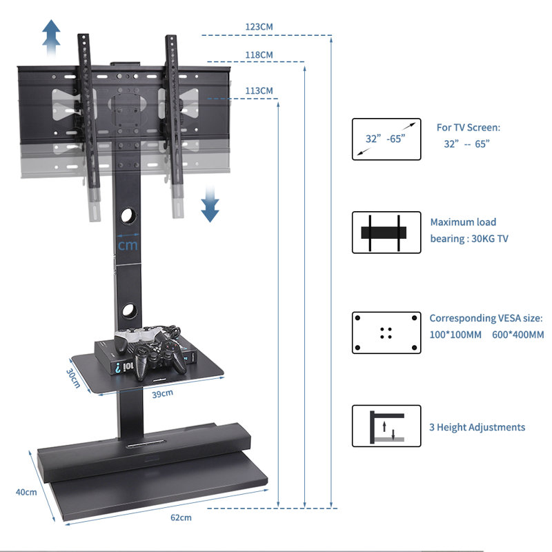 Aivree Black Adjustability Multi Screen Floor Stand Mount for Greater Than 50" with Shelving, Holds up to 30 kg.