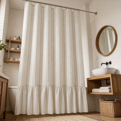 Farmhouse Ruffle Shower Curtain, Striped Linen Shower Curtain Set with Hooks for Bathroom, Vintage Bath Curtains Waterproof Weighted Cloth