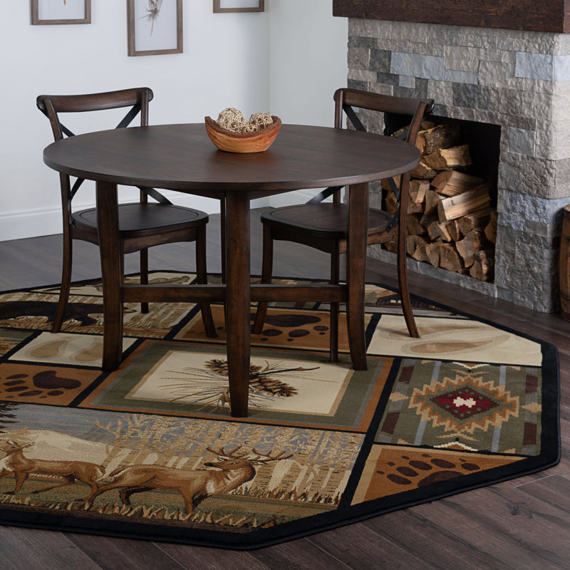 Tapis brun et beige de style Sud-Ouest, Octogone 5 pi 3 po