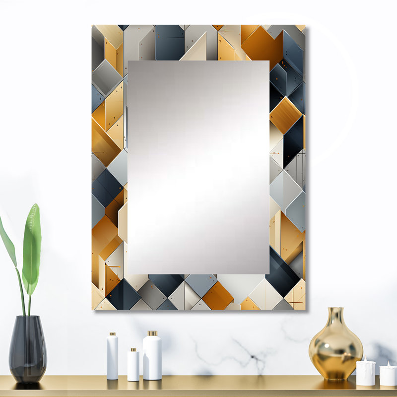 Grey Hexagons Dreams - Geometric  Decorative Mirror, Geometric Wall Mirror, Printed Metal Art, 32" x 24"