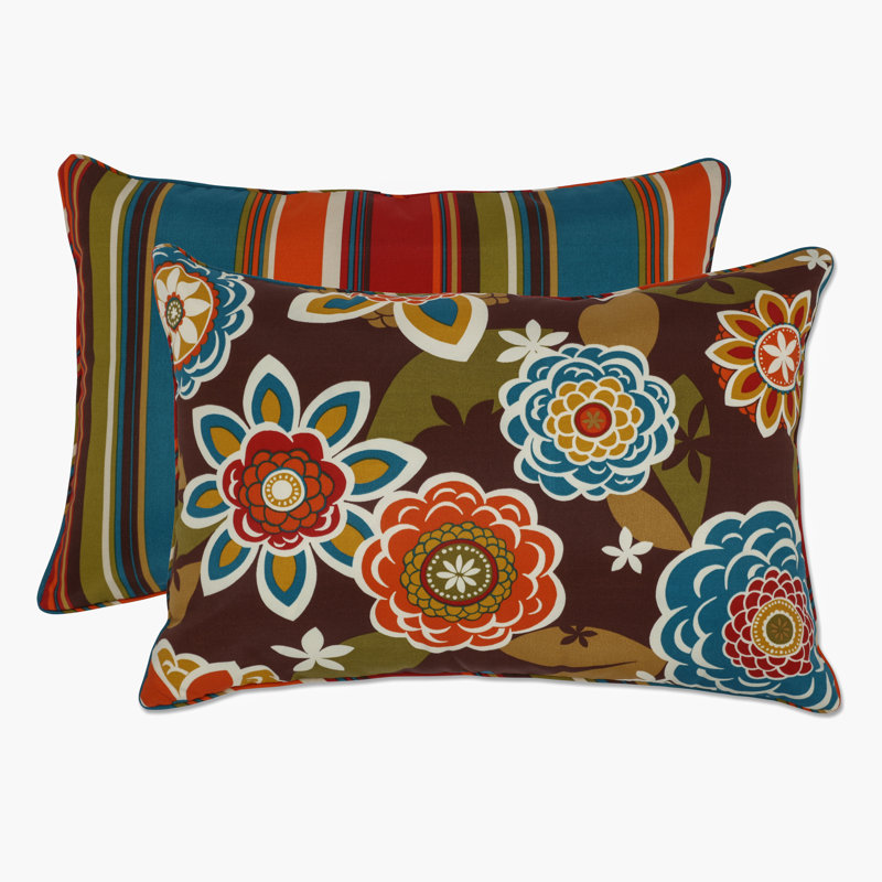 Reversible Floral and Stripe Brown/Orange Lumbar Throw Pillows, Set of 2