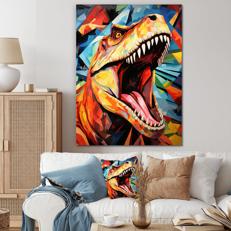 Cubiste coloré, TRex Dino II, art sur toile dinosaure, Toile tendue, H 32 po x l 24 po x P 1 po
