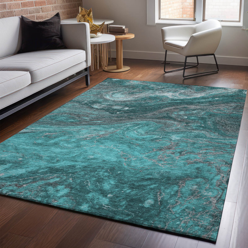 Tapis bleu sarcelle de qualité supérieure lavable à la machine Cerrito AMF599, Rectangulaire 3 pi x 5 pi