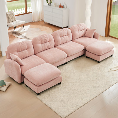 Modular Sectional U Shaped Couch With Ottoman, Soft Chenille Fabric, Quilted Pleated Design, High-Density Foam, Elegant Armrests, Easy Install For Bedrooms And Living Rooms, Pink