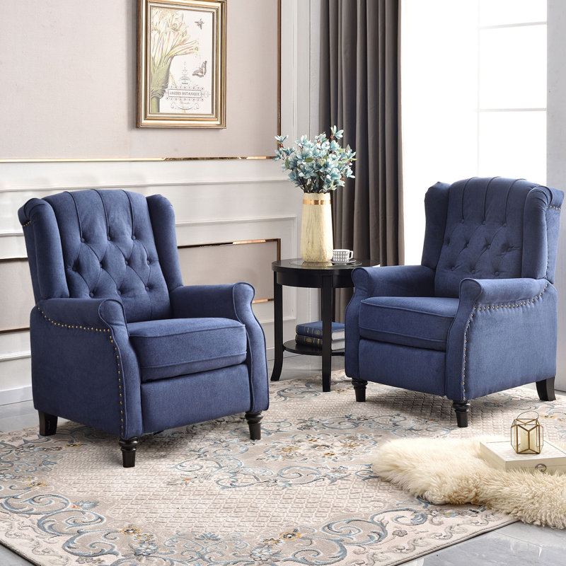 29.5" W Classic and Upholstered Soft Pushback Recliner With Rivets , Blue Microfiber/Microsuede