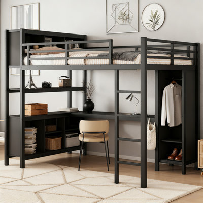 Metal Loft Bed With Wardrobe And L-shaped Desk, Heavy Duty Loft Bed Frame With Storage Cubes And Shelves For Kids Teens Adults by Isabelle & Max