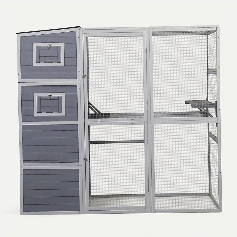 Grande clôture pour chat en bois avec toit et plateformes imperméables, gris