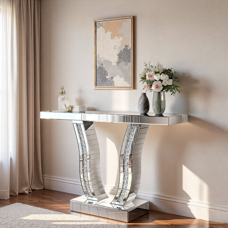 Console à miroir argenté avec pieds incurvés et pierres imitant le cristal