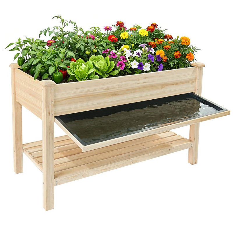 Elevated Wooden Raised Garden Bed with Storage Shelf & Water Collection Tray