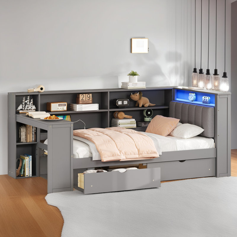 Lit plateforme double pleine grandeur - Lit tapissier avec tablettes de rangement, tiroirs, station de charge, tête de lit à DEL et bureau intégré (capacité de 550 lb)