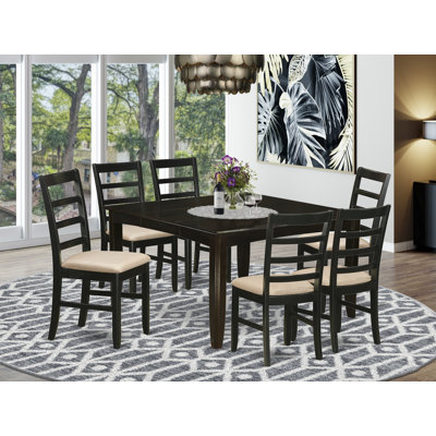 7 Piece Modern Dining Table Set Consist of a Square Wooden Table with Butterfly Leaf and 6 Linen Fabric Dining Room Chairs, Cappuccino