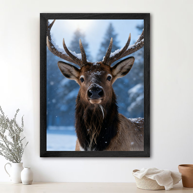 Art mural encadré noir cerf rétro par temps neigeux, H 25 po x l 17 po