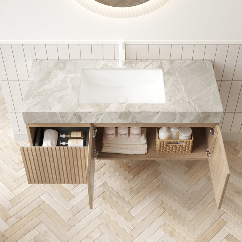 Meuble-lavabo de salle de bain de style 48 po, pierre frittée grise, armoire flottante en contreplaqué, 2 portes, 1 tiroir, couleur chêne blanc, comptoir en pierre facile à installer, armoire avec portes et tiroirs, préassemblée, haute performance