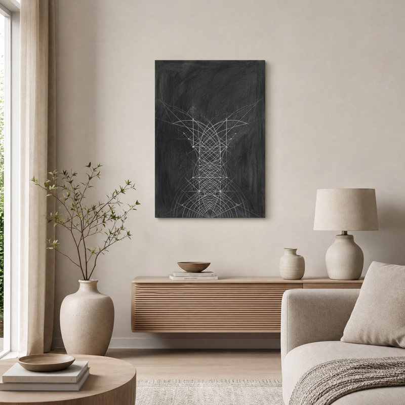 Tableau géométrique symétrique blanc sur toile noire, H 24 po x l 16 po