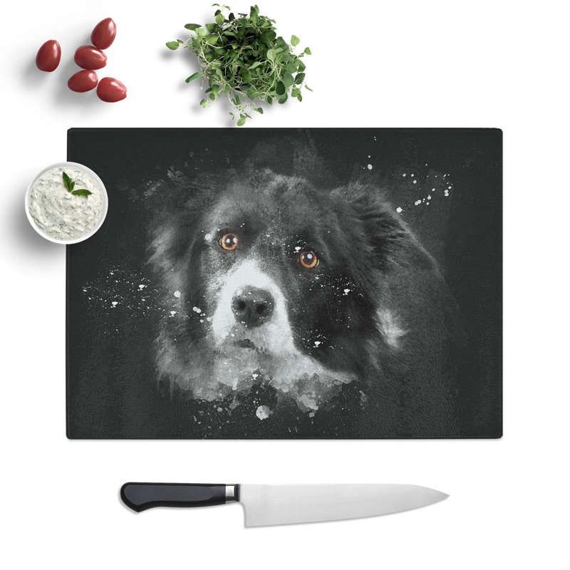 Tempered Glass Brown Eyed Border Collie Dog Chopping Board, 28.5 cm x 39 cm