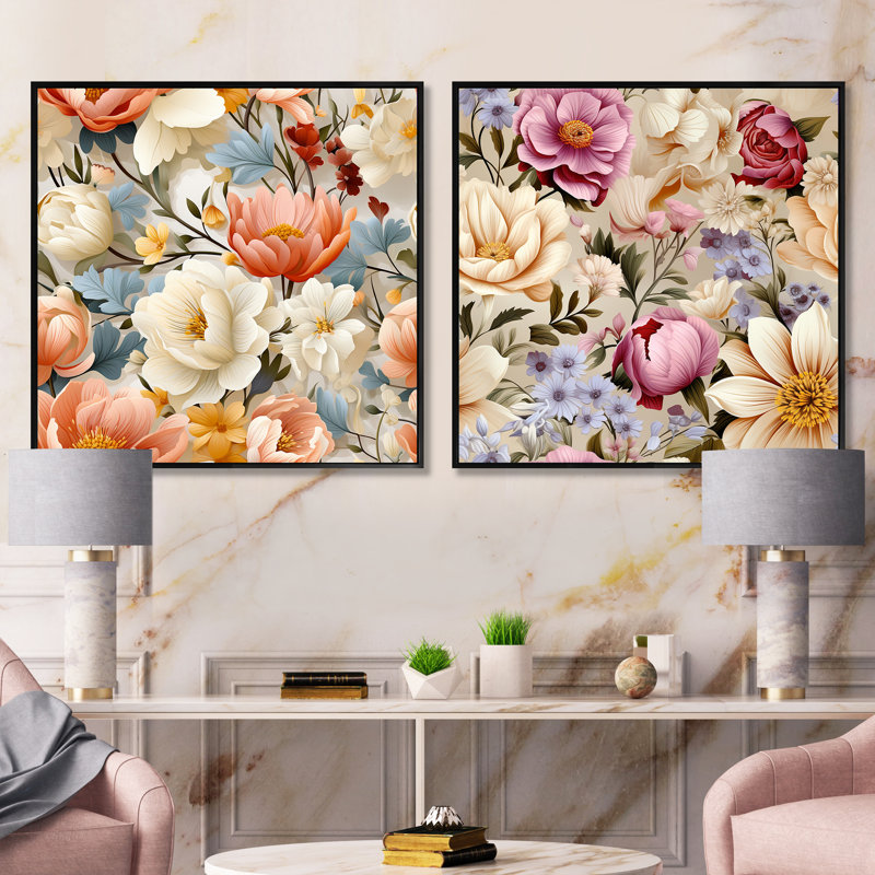 Hallman - Ensemble de 2 collages floraux carrés, Cadre flottant noir, H 36 po x l 73 po