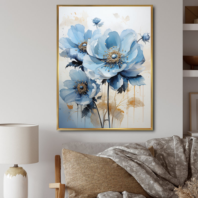 «Blue Minimalisme Daisy Flower II», reproduction sur toile florale, H 40 po x l 30 po x P 1,5 po, Cadre flottant doré
