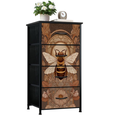 Dresser for Bedroom with 4 Storage Drawers Vintage Bee Rustic 3D Textured Sandstone Green Botanical Cottagecore Dressers Chest of Drawers Steel Framed Fabric Closet Organizers for Dorm Entryway