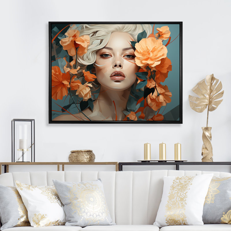 Femme sensuelle avec des fleurs vertes et oranges - art mural mode, Cadre flottant noir, H 24 po x l 32 po x P 1 po