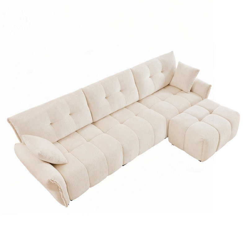 Canapé 3 places avec repose-pieds Chenille, Blanc