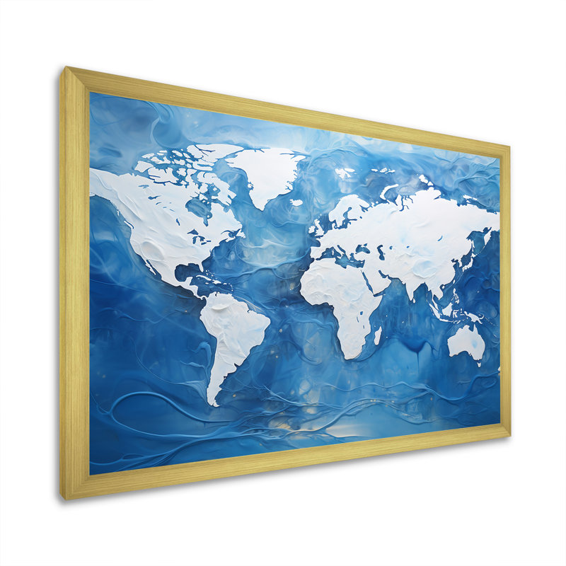 «Majestic Meridians Blue World Map I», reproduction sur toile, Cadre doré simple, H 16 po x l 32 po x P 1 po