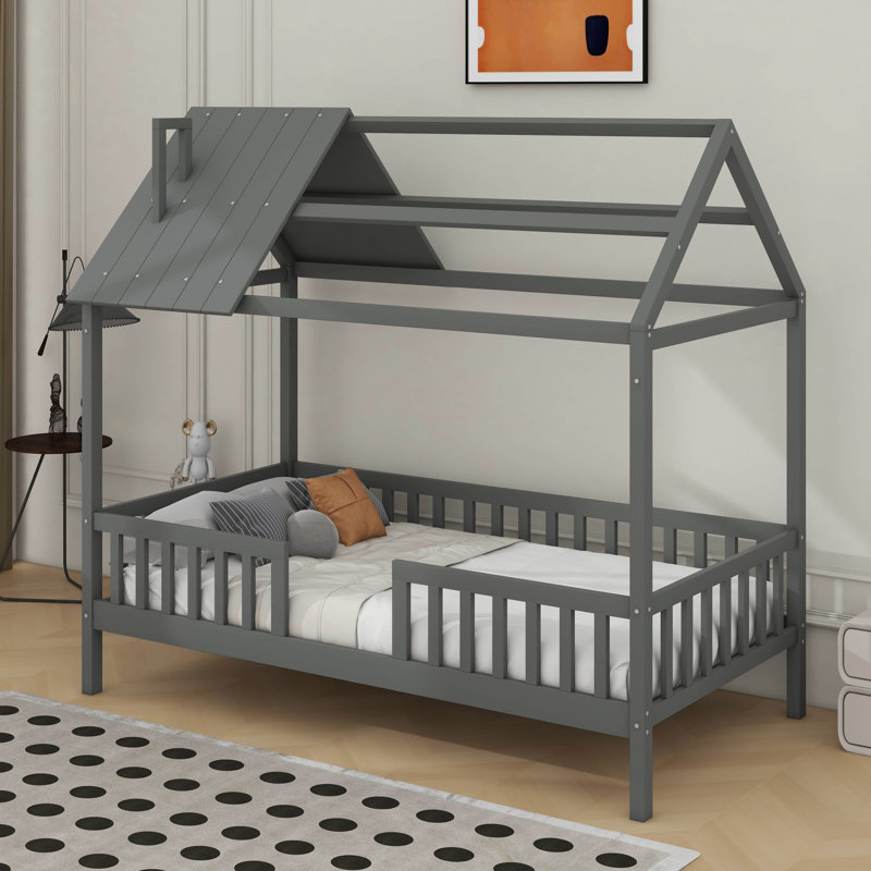 Lit simple en bois avec clôture, Gris