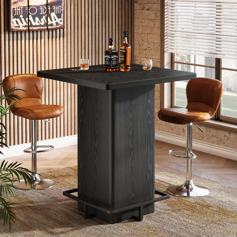 Square Bar Table, 39.4" H Wooden Bistro Pub Table With Metal Frame Footrest For Dining Coffee Cocktail Living Room, Small Space, Brown(Only Table)