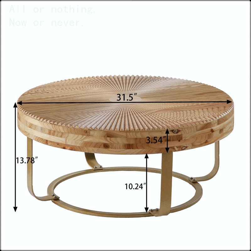 Table basse ronde en pin sculpté avec pieds en métal