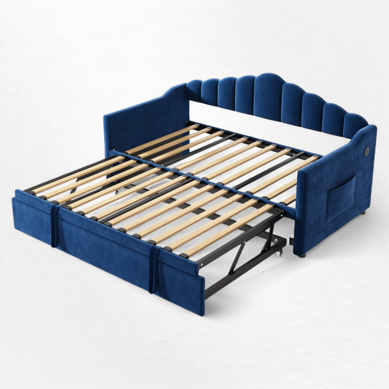 Upholstered Daybed With Trundle, Blue