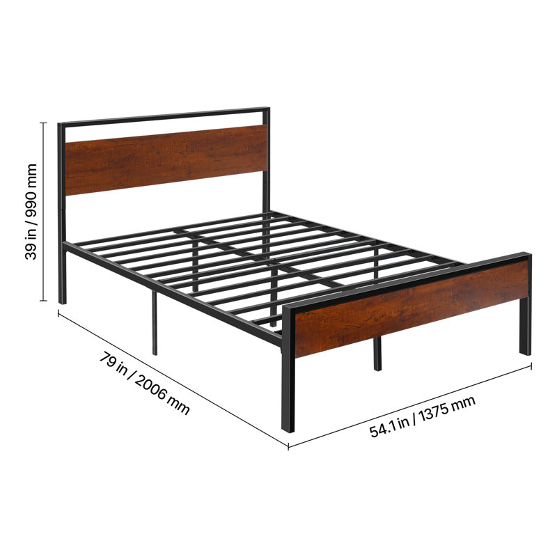 Queen Size Bed Frame, 14 Inch Black Metal Platform Bed Frame with Retro Brown Wooden Headboard and Footboard, Large Under-Bed Storage, Non-Slip Without Noise, No Box Spring Needed, Easy Assembly