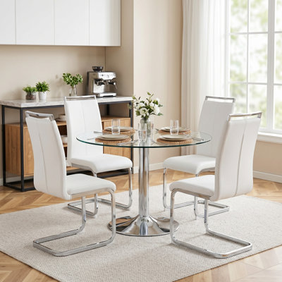 Ensemble de salle à manger 5 pièces rond en verre trempé moderne avec piédestal chromé et chaises en similicuir