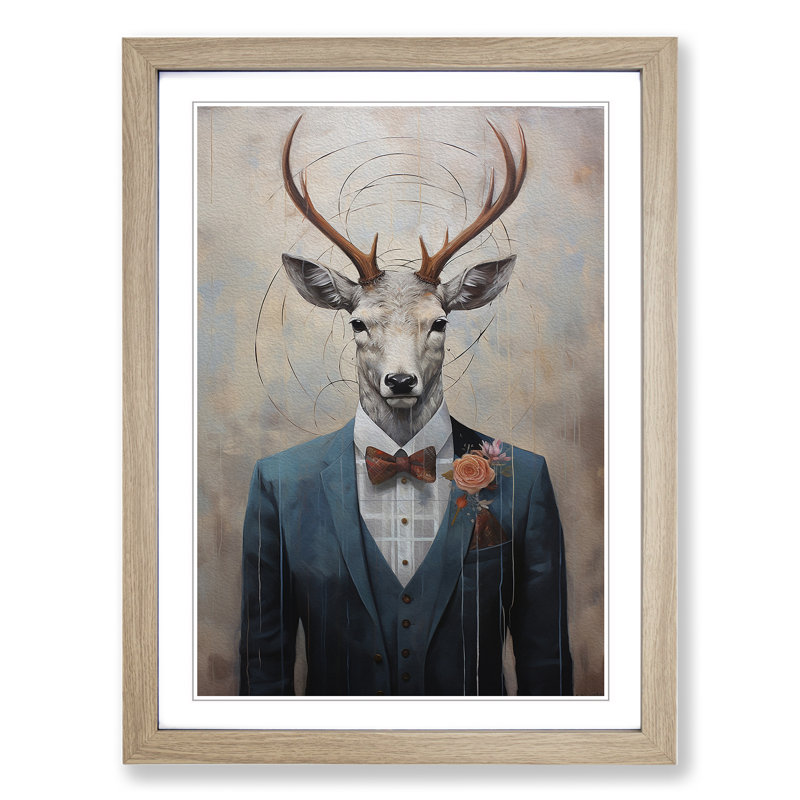 Stag Modern - Single Picture Frame Print on Wood, Oak, 34cm H x 25cm W x 2cm D