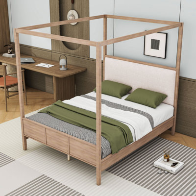 Wooden Canopy Platform Bed with Upholstered Headboard