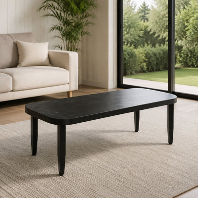 Table basse d'extérieur moderne, plateau en pierre frittée imitation marbre noir, structure en aluminium, fini noir charbon, résistant aux intempéries