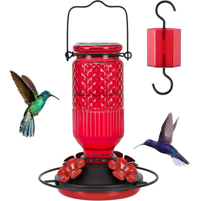 Glass Hummingbird Feeder With 4 Bee Guard Ports & Ant Moat, 16 Oz Leak-Proof Outdoor Hanging Feeder With 360° Perches, Easy To Clean And Refill