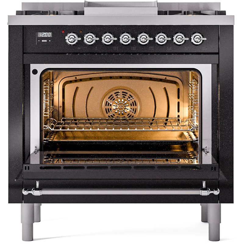 ILVE Nostalgie II 36 Dual Fuel Range, knobs, Glossy Black/Chrome, Liquid Propane