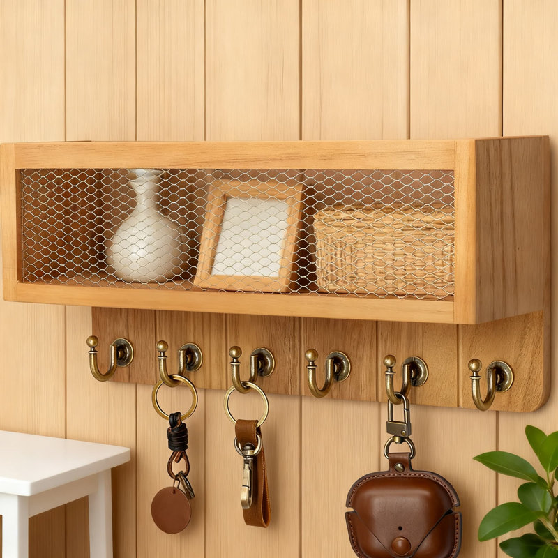 Porte-clés mural et porte-courrier avec panier de rangement, 6 crochets rétro, organisateur mural de ferme pour entrée, bureau, décoration intérieure