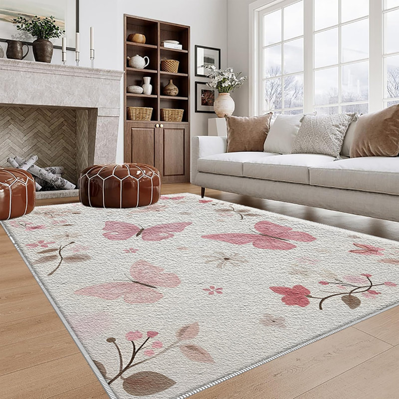 Cream Pink Butterfly Carpet-waterproof, easy to clean, machine-washable, soft and comfortable; suitable for door mats, kitchens, living rooms, bedrooms, corridors, and laundry areas. Easy to clean, durable carpet for home decoration.
