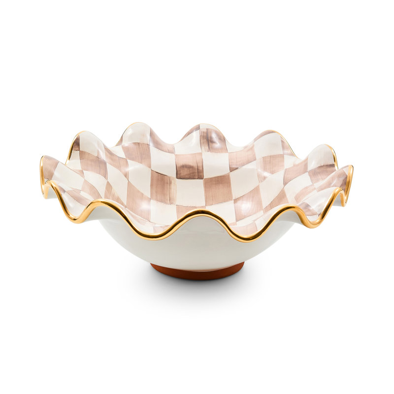 Mocha Check Ceramic Fluted Serving Bowl, 14"
