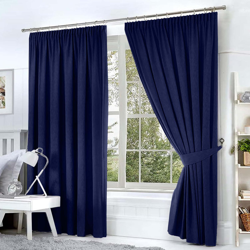Blackout Pencil Pleat Curtains - Light Blocking, Thermal Insulated Window Drapes, Navy, 168cm Width x 213cm Drop