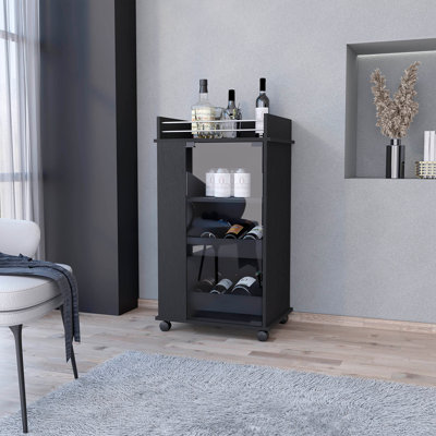 Lusk Bar Cart with Shelf for 2 Bottles, Glass Door, and Swivel Wheels, Black